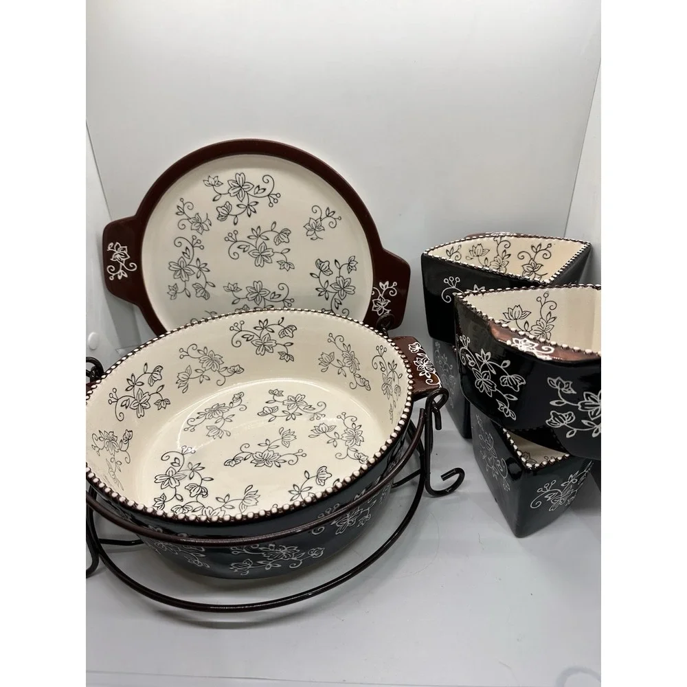 Temp-tations Tara Black Floral Lace 7 Pc Serving Set Rack Trivet Ovenware